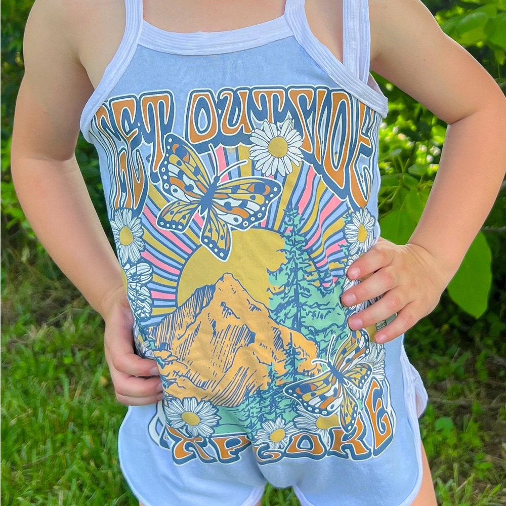 Handmade Graphic Tie Strap Retro Style Romper Nature Upcycle - Size 2t